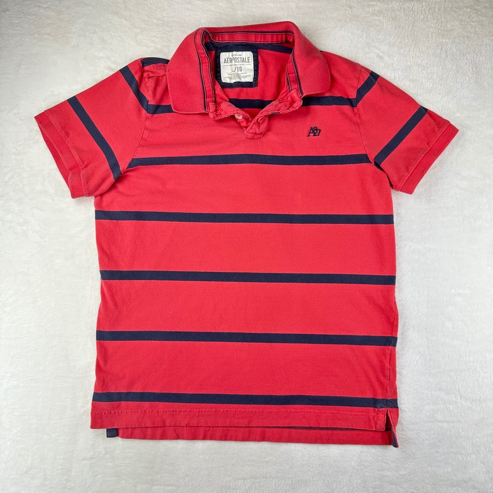 Aeropostale Polo Shirt Mens XL Regular Red Navy Striped A87 Logo Cotton Top